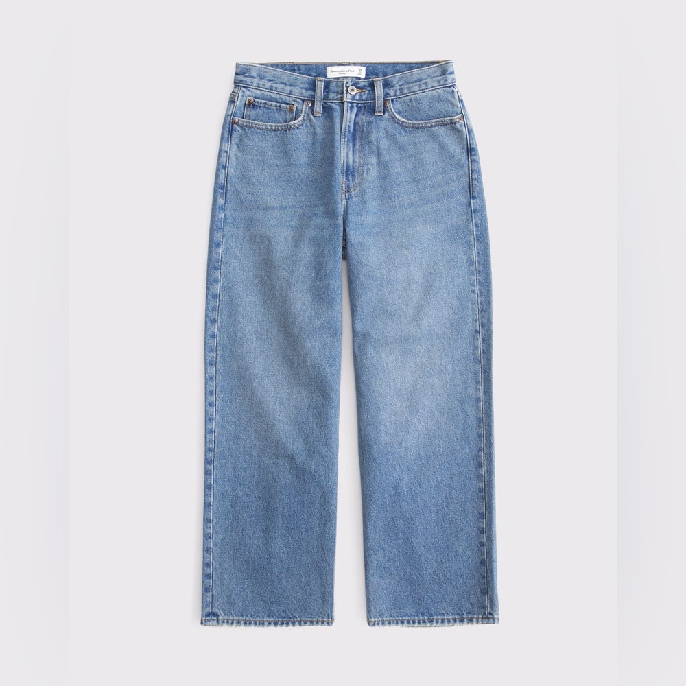 Abercrombie Curve Love Mid Rise Cropped Slouchy Jean in Medium Wash Denim